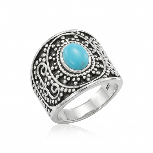 East Meets West Turquoise Oxidized Silver Ring 925 Beaded Wide Band Sizes 6-9