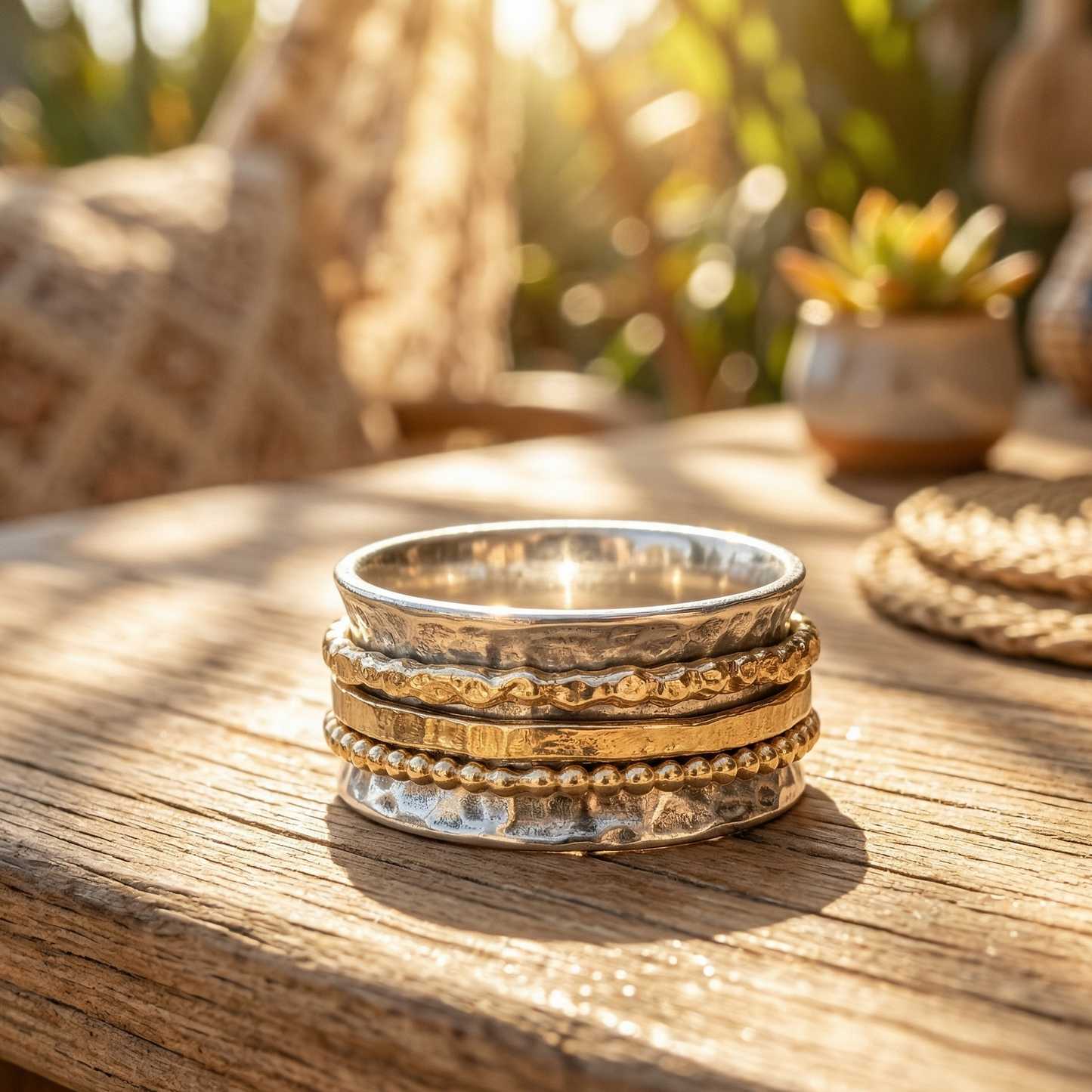 Meditation Spinner Ring Two Tone Oxidized Gold 925 Sterling Silver Sizes 6-10