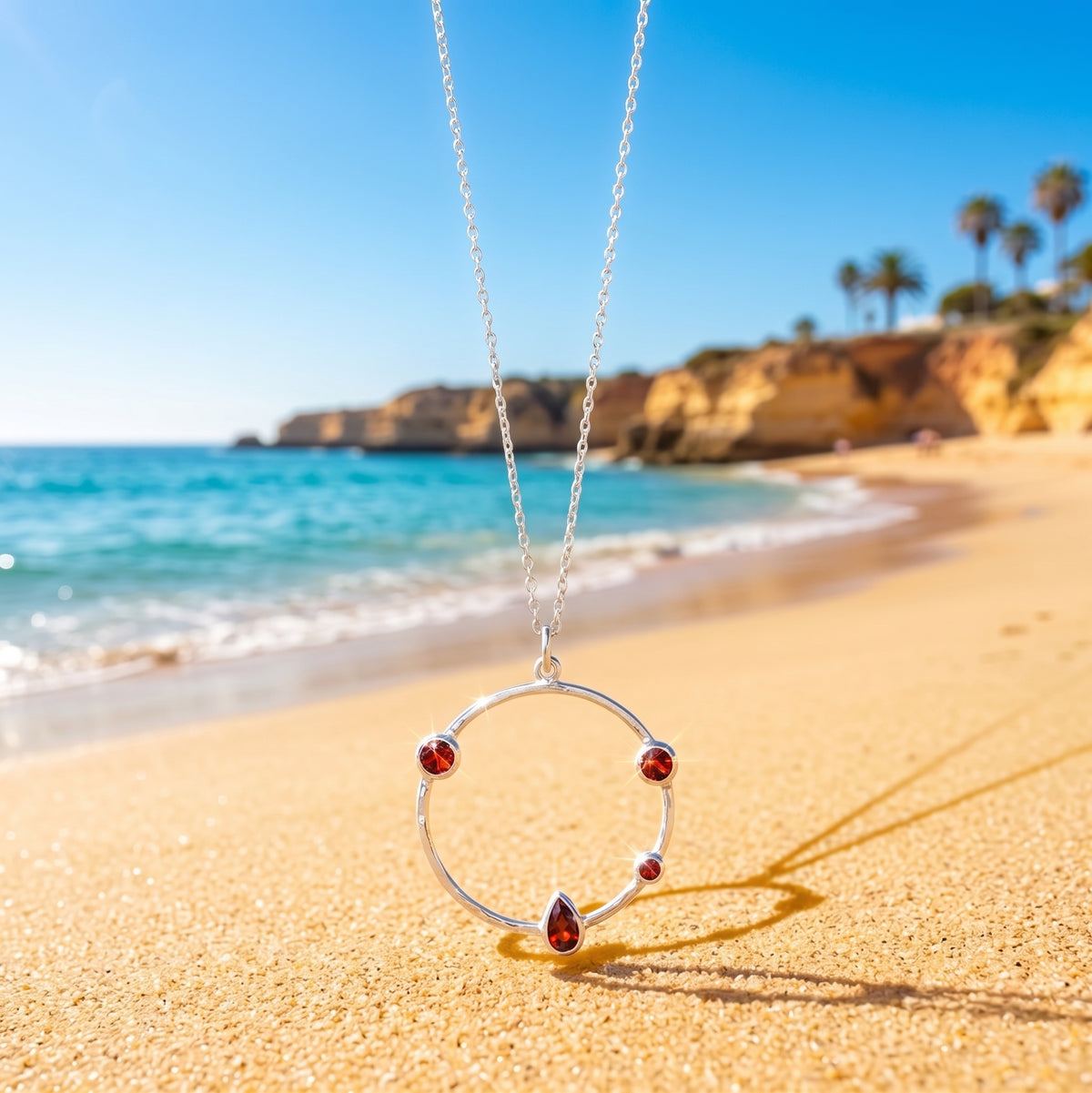 Garnet Hammered Circle Necklace Rhodium 925 Silver 25mm 16+2in Lobster Clasp