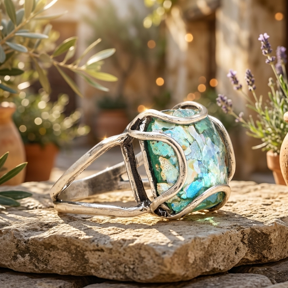 Silver ring with a colorful gemstone on a stone surface with plants in the background