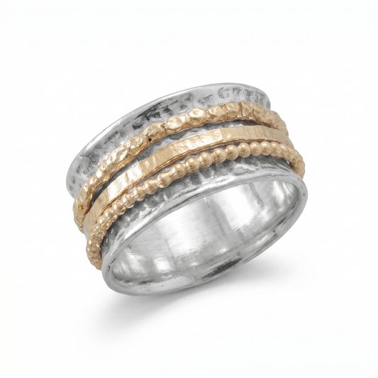Meditation Spinner Ring Two Tone Oxidized Gold 925 Sterling Silver Sizes 6-10