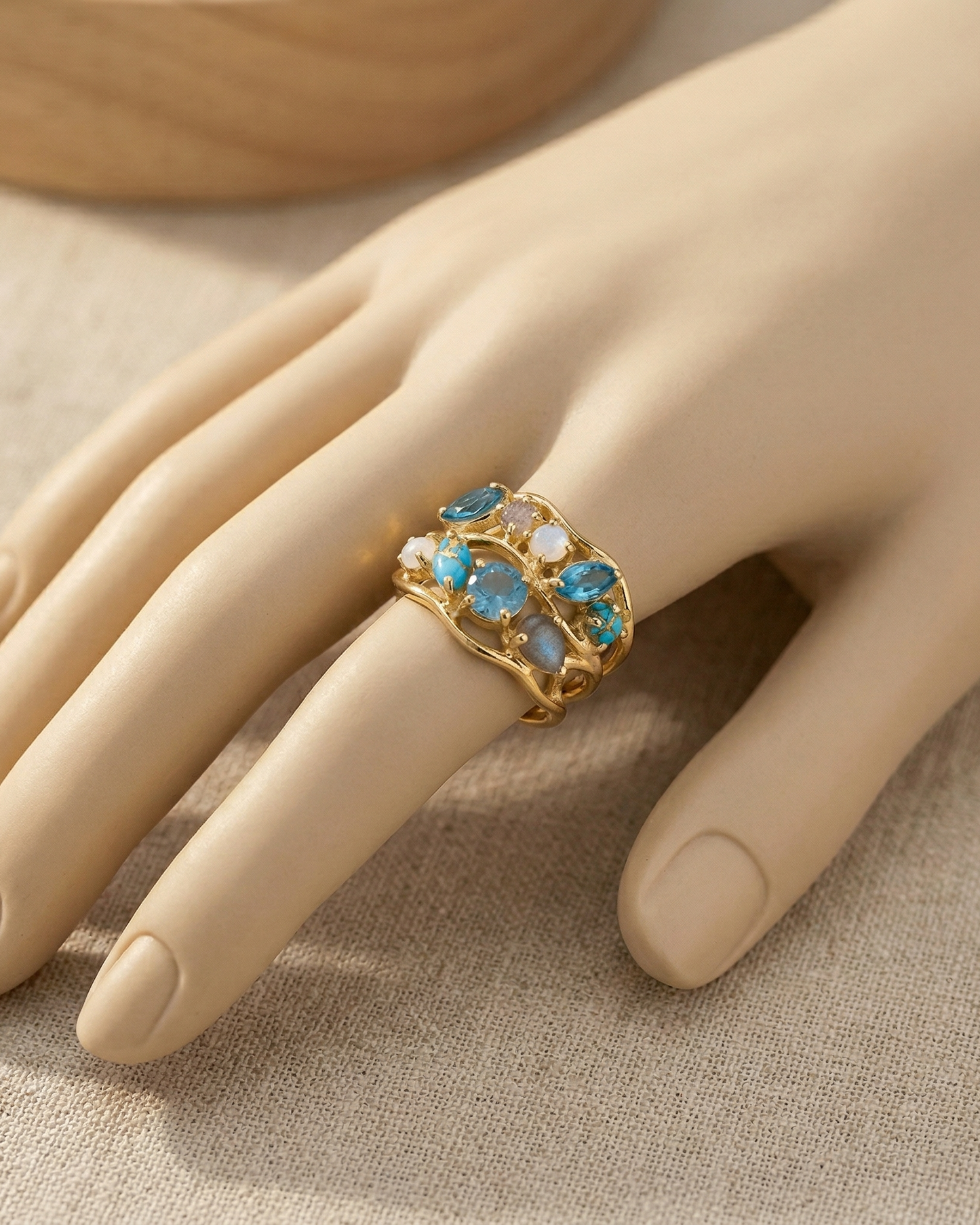 Blue Multi Stone Cluster Ring 14K Gold Plated 925 Silver Sizes 7-10