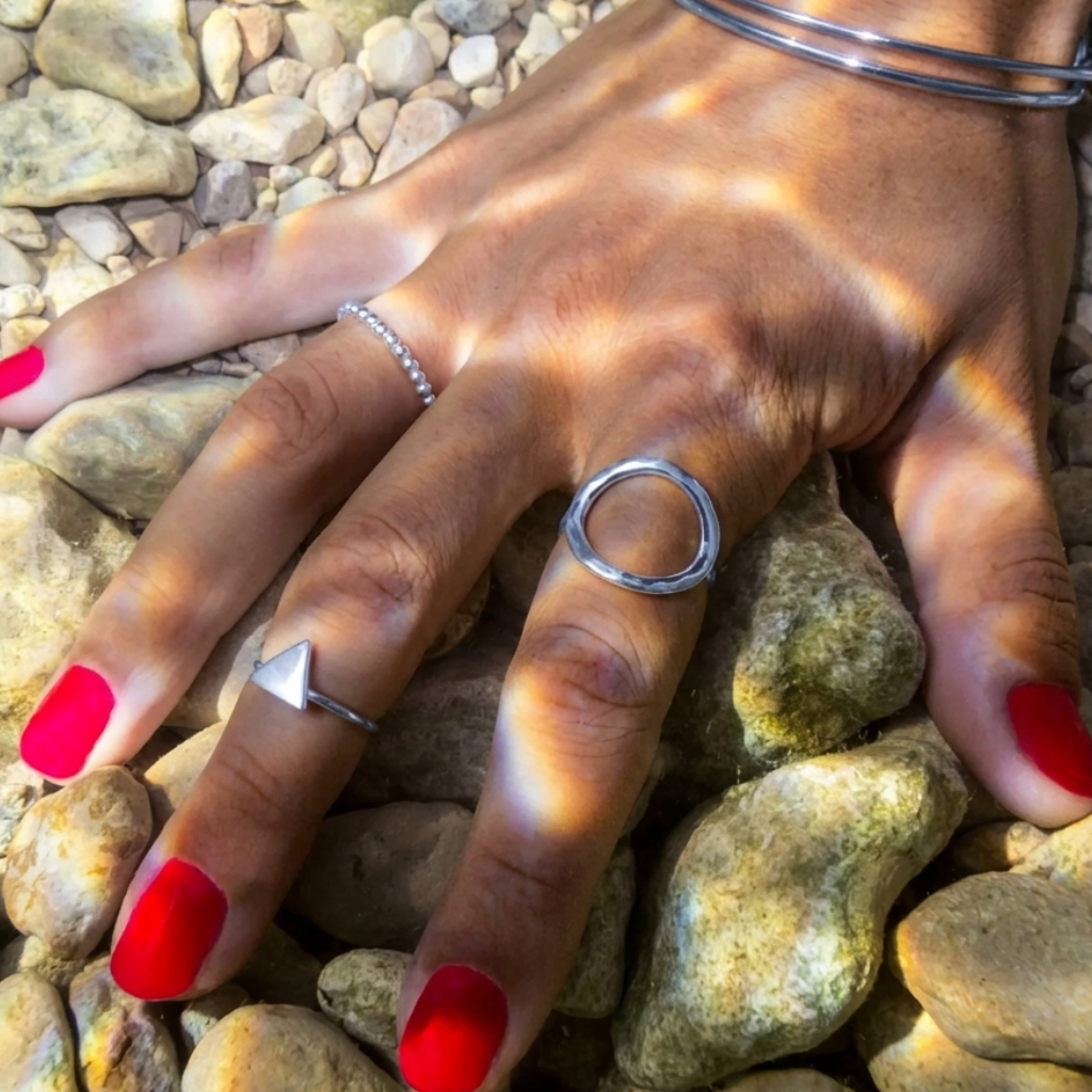 Open Circle Ring 925 Textured Sterling Silver 17mm Geometric Statement