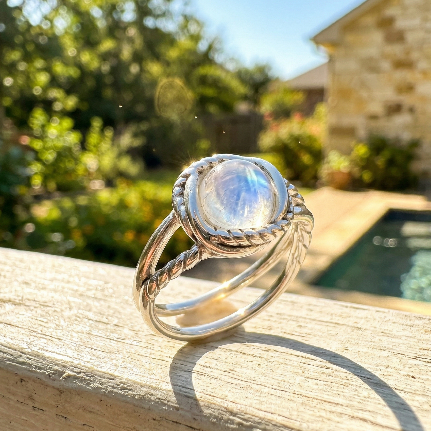 Oxidized Criss Cross Double Band Rainbow Moonstone Ring 925 Silver 7mm Sizes 5-9