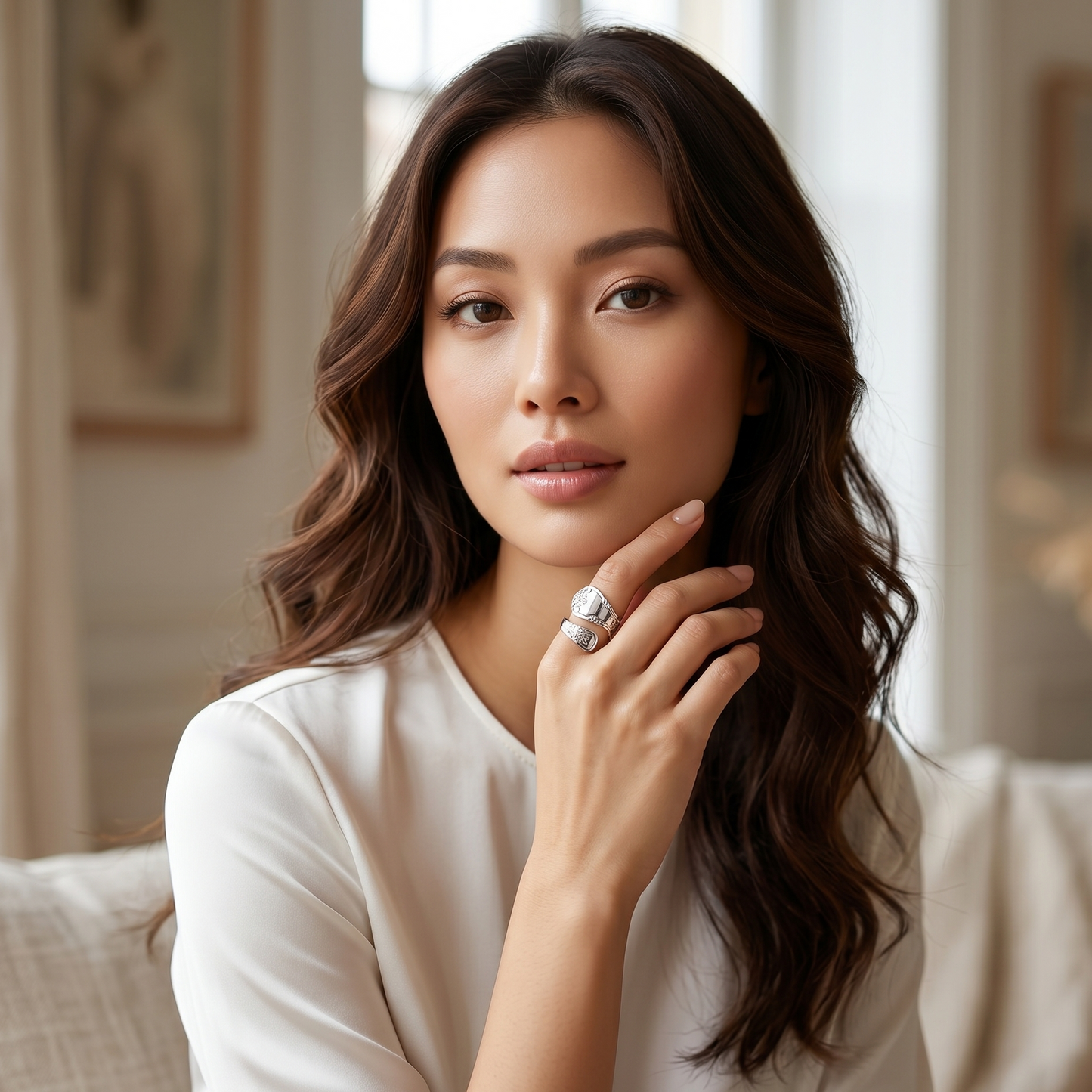 Woman wearing a white shirt and a ring, sitting in a softly lit room.