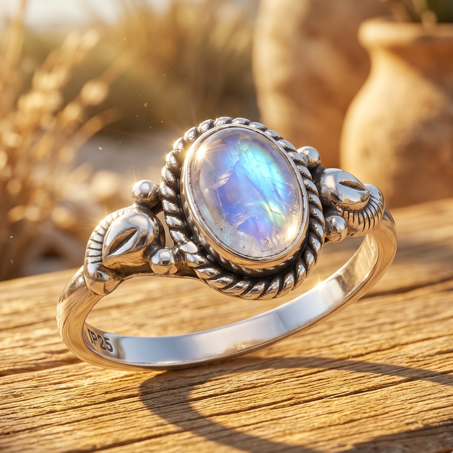Rainbow Moonstone Ring 925 Oxidized Silver Rope Edge 5x7mm Delicate 1.5mm Band