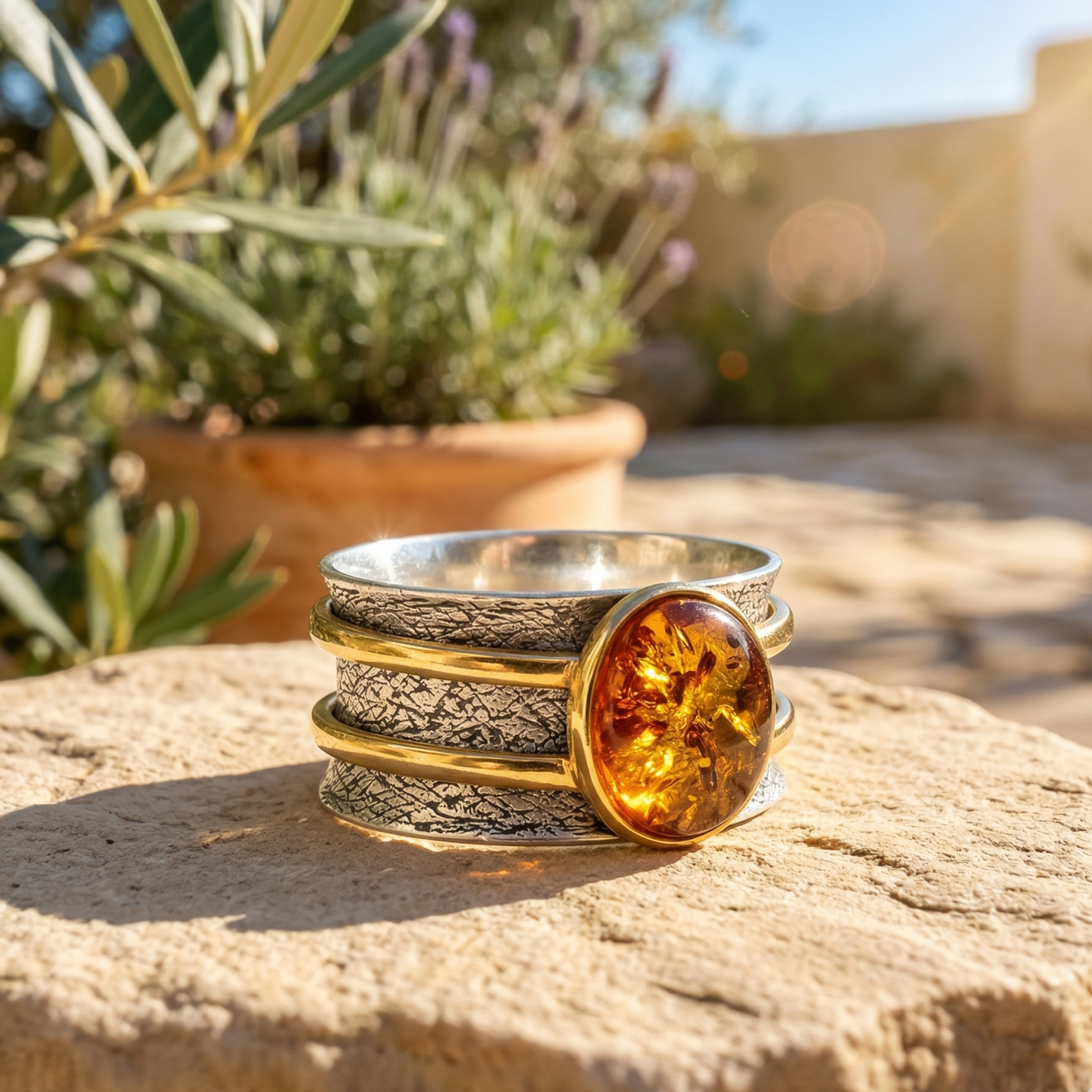 Two Tone Baltic Amber Spinner Ring 925 Silver 14K Gold Plated 11.3mm Sizes 6-9
