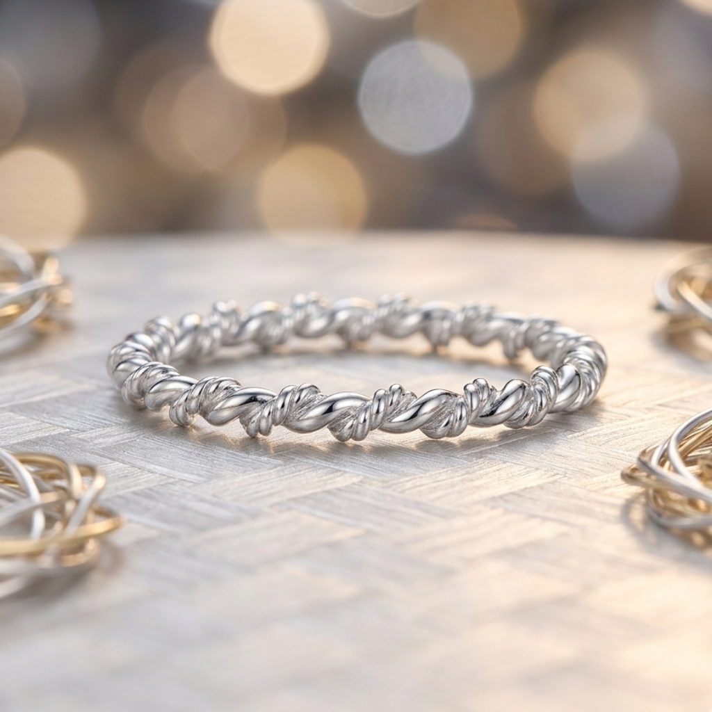 Silver ring with braided design on a textured surface with blurred lights in the background