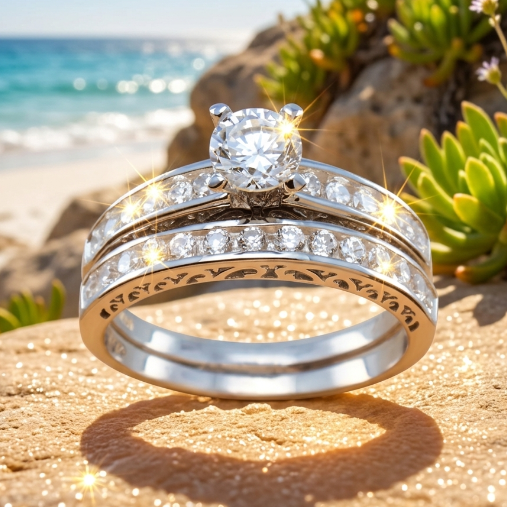 Silver ring with diamond accents on a beach setting