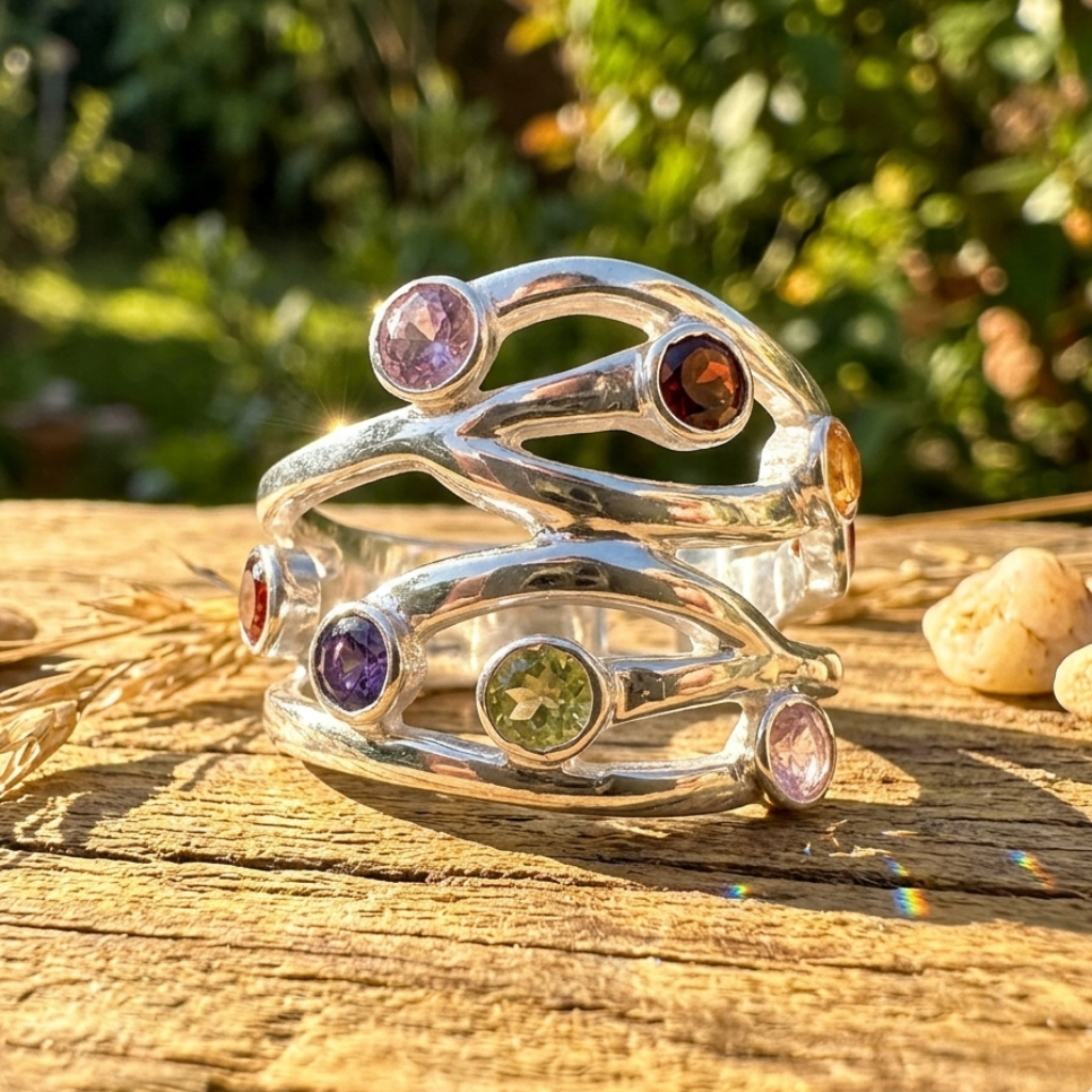 Silver rings with colorful gemstones on a wooden surface with a natural background