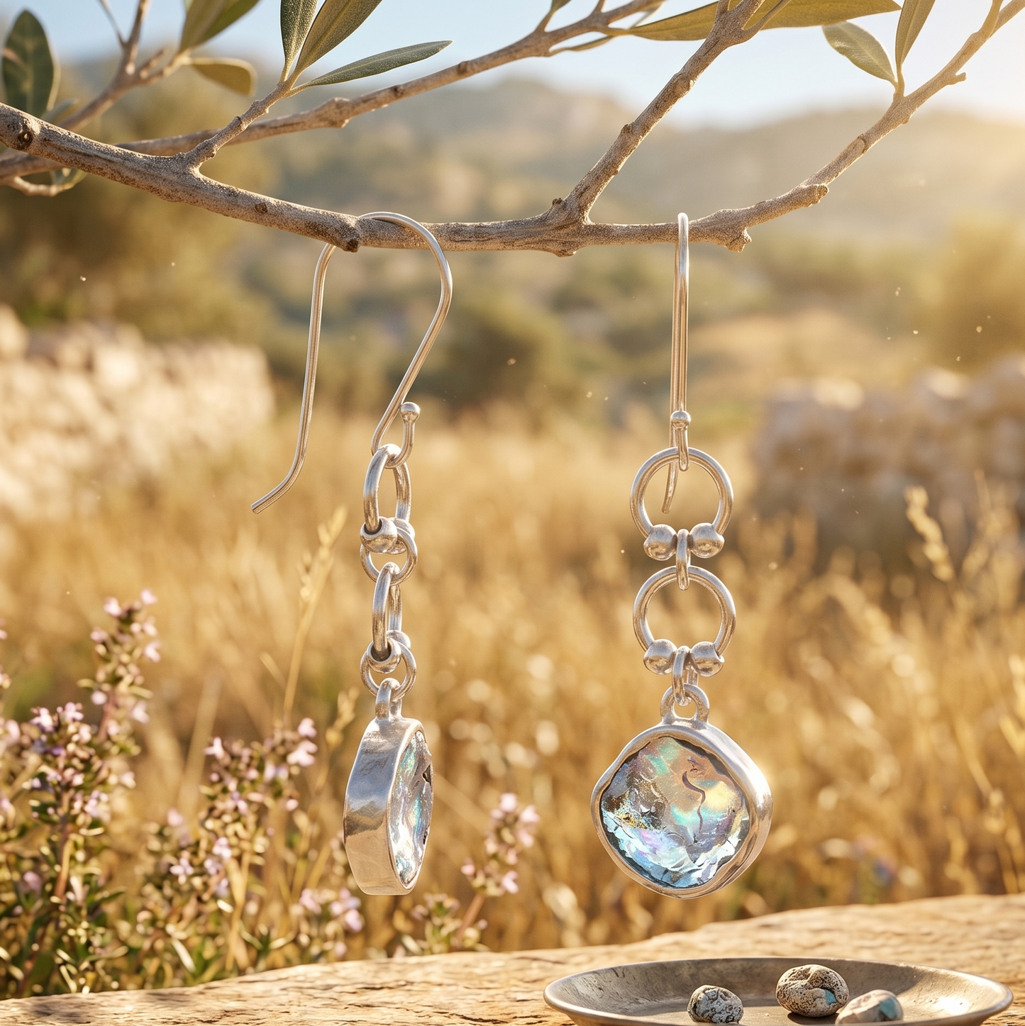Silver earrings with gemstones on a wooden surface with a natural background