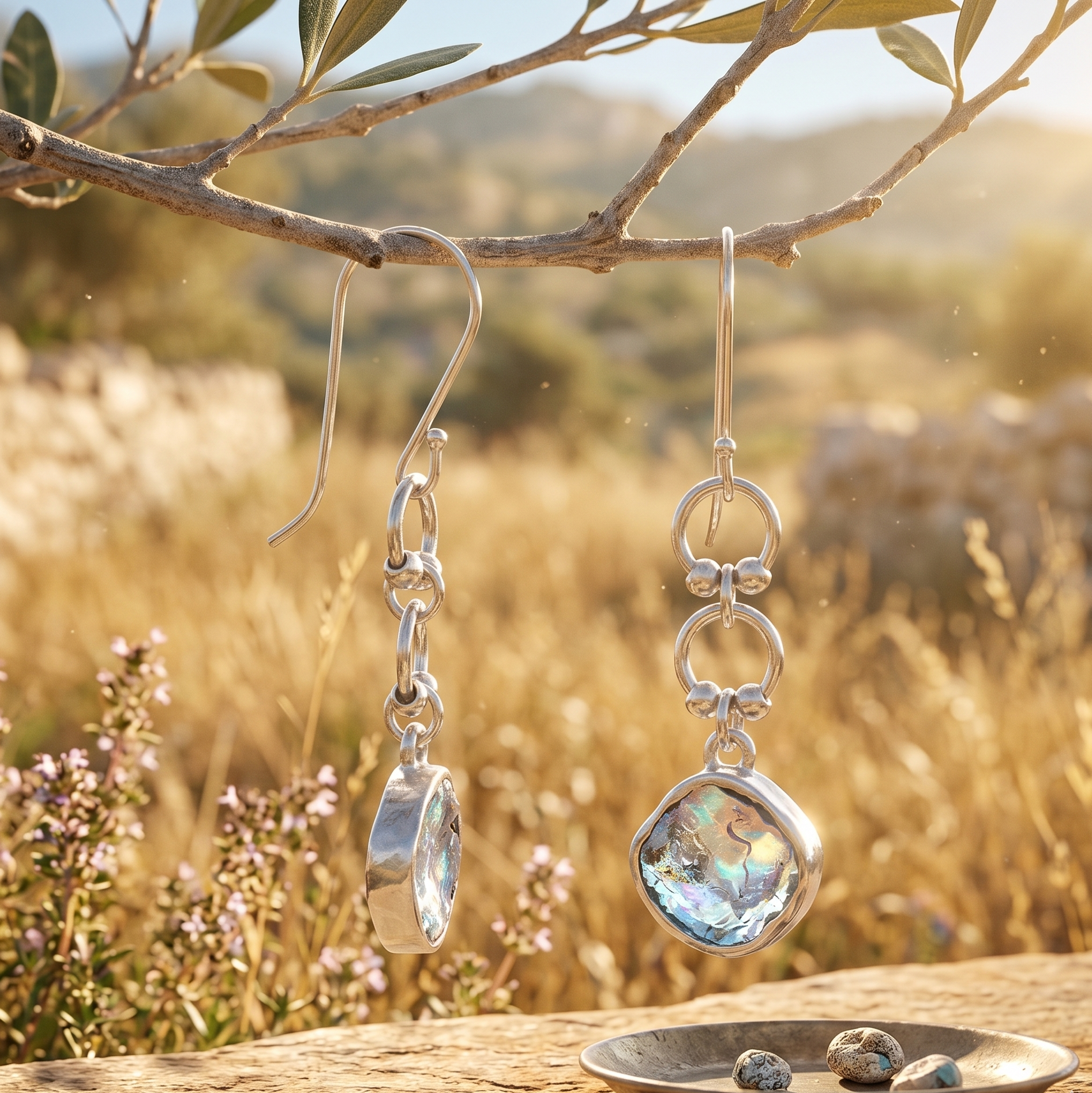 Silver earrings with gemstones on a wooden surface with a natural background