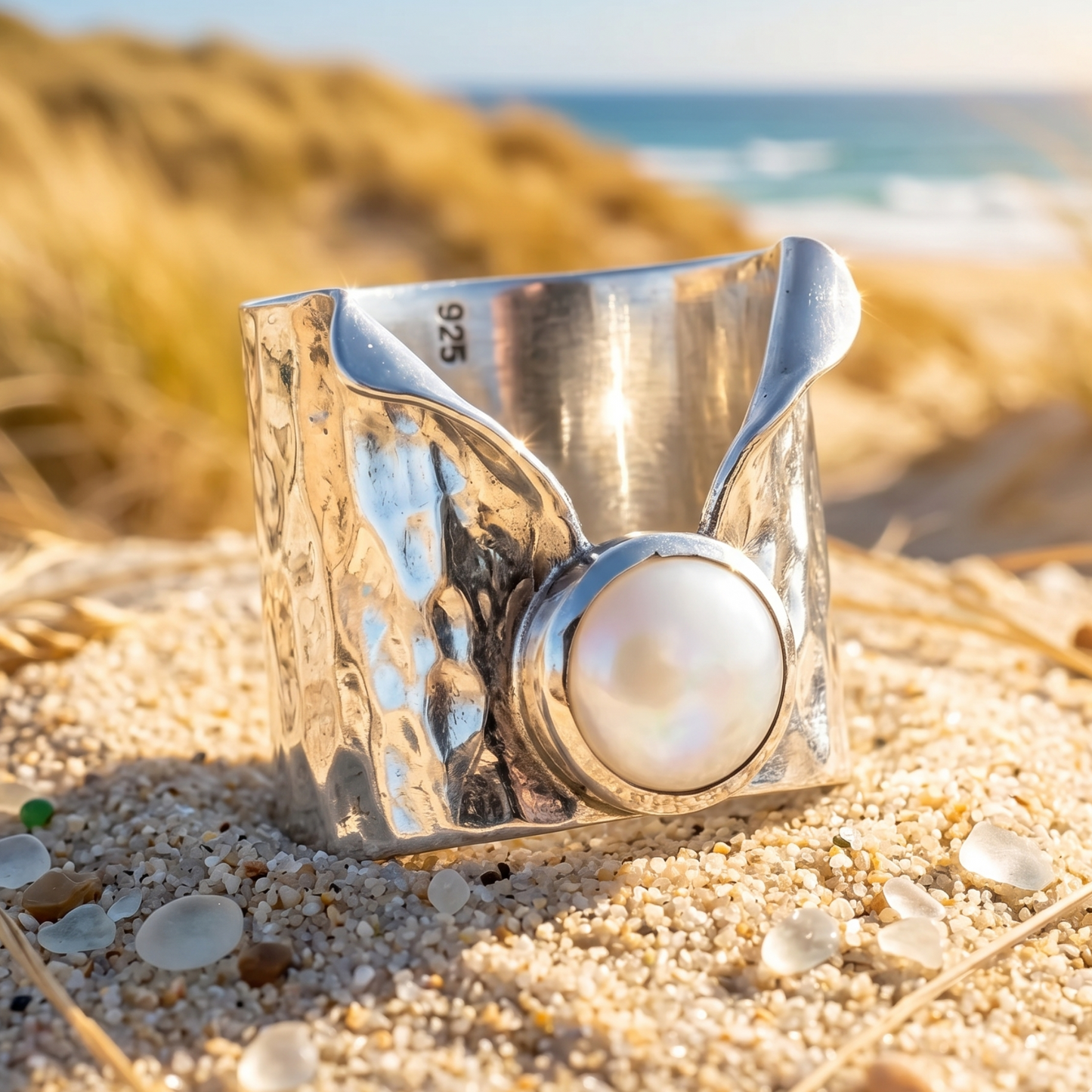 Mother of Pearl Lapel Ring 925 Hammered Silver Wide Band Statement Sizes 6-10