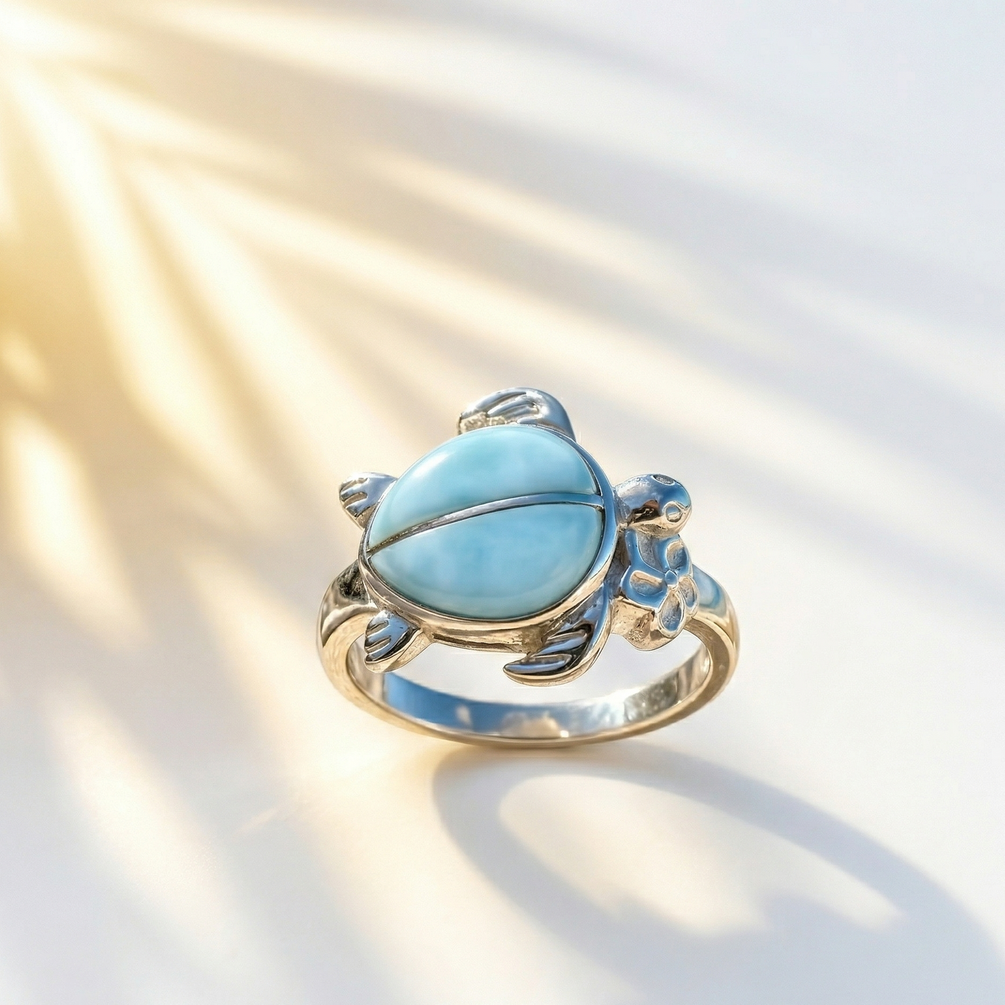 Larimar Sea Turtle Ring Rhodium Plated 925 Sterling Silver 12x9mm Sizes 6-9