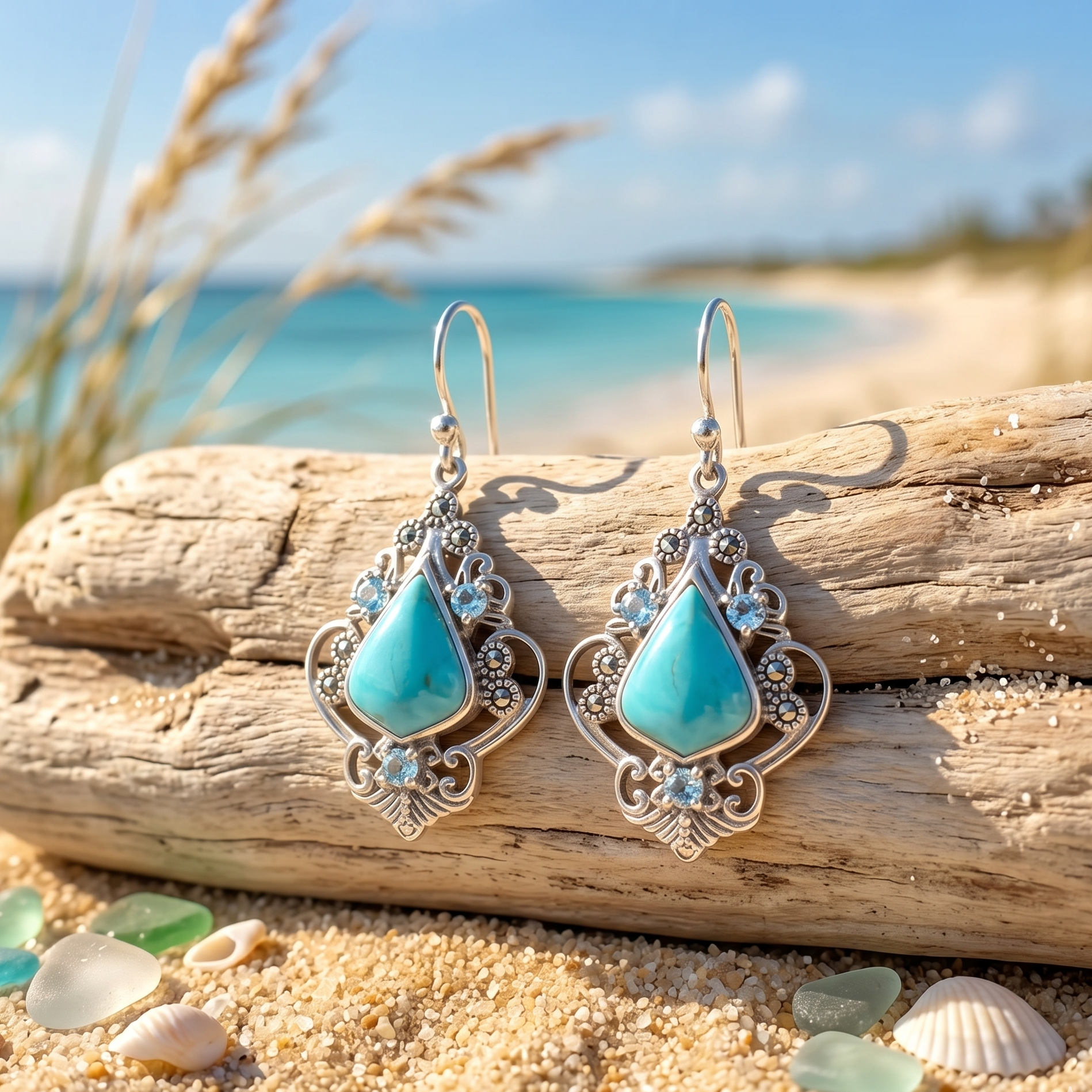 Turquoise earrings on a piece of driftwood with a beach background