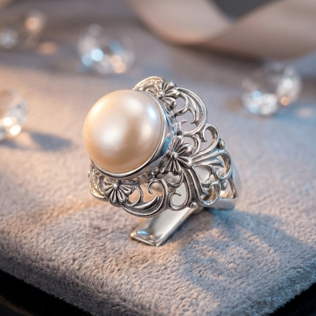 Pearl ring with silver decorative band on a soft fabric background