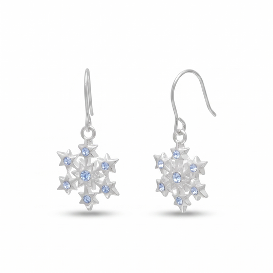 Aqua Crystal Snowflake Drop Earrings 925 Sterling Silver 11mm 25.5mm French Wire