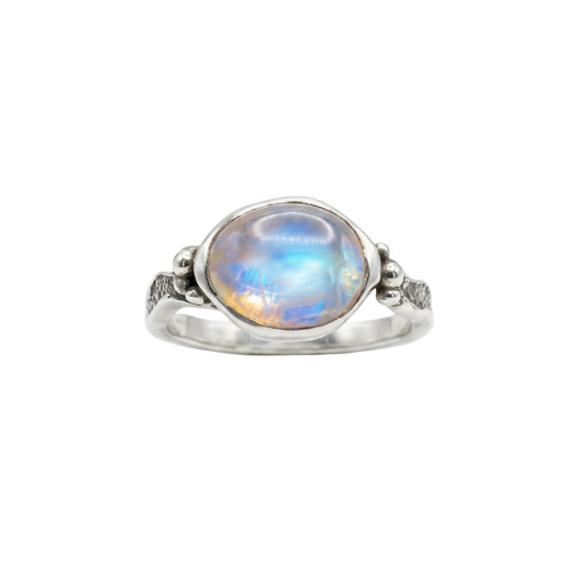 Oxidized Rainbow Moonstone Wavy Band Ring 925 Silver 9x11mm 2.5mm Band Sizes 6-9
