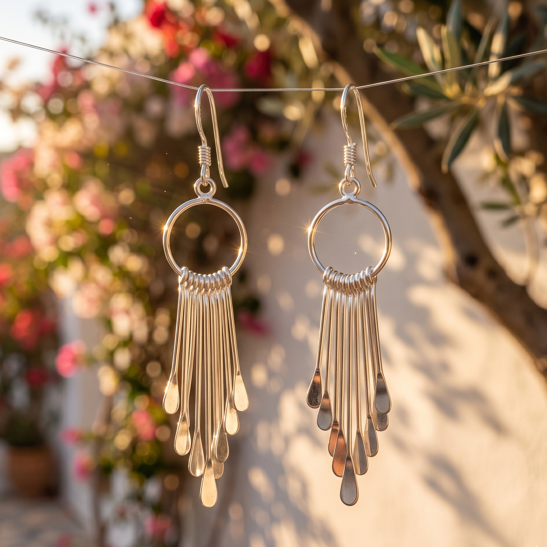Silver fringe earrings hanging on a string with a floral background
