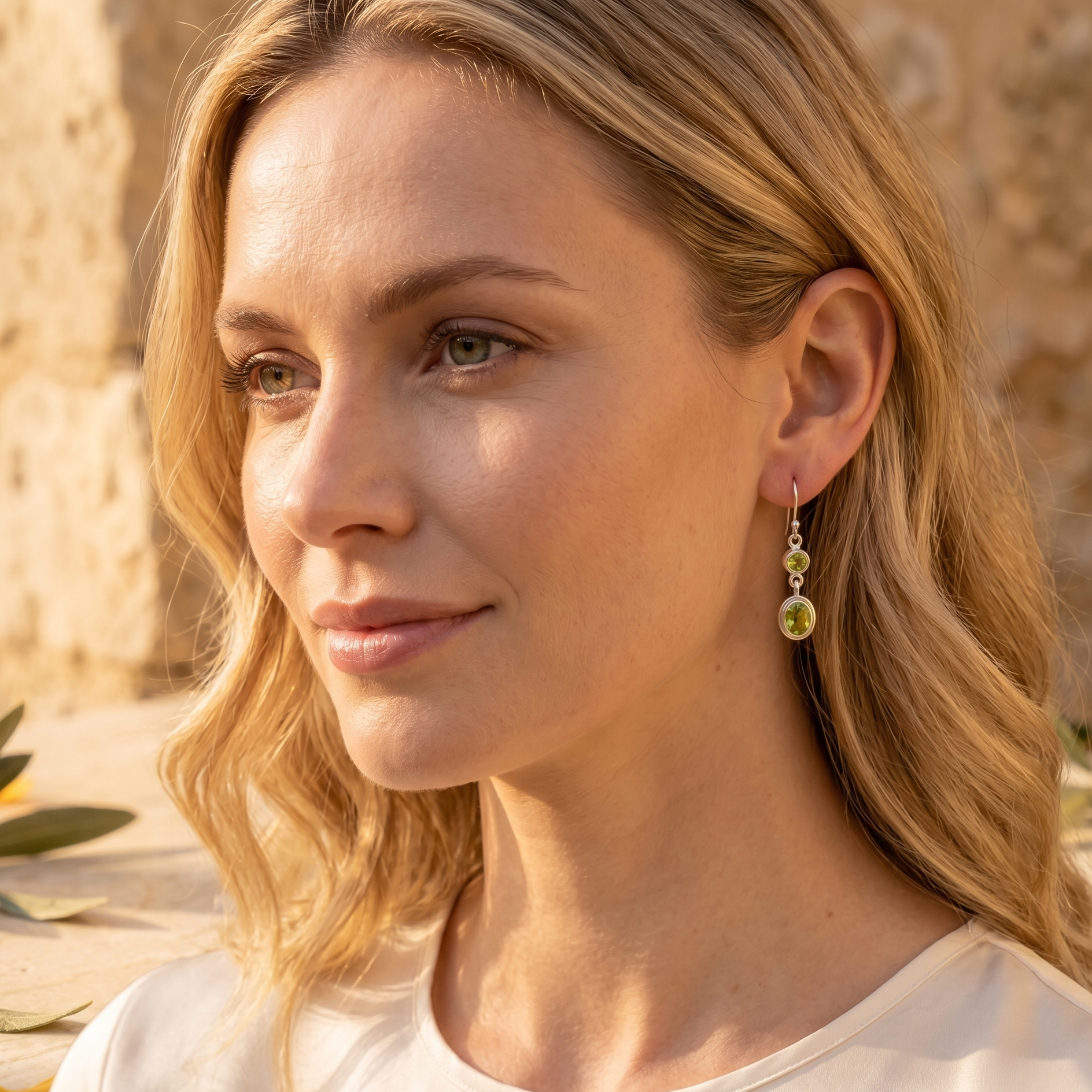 Woman wearing earrings with a neutral background