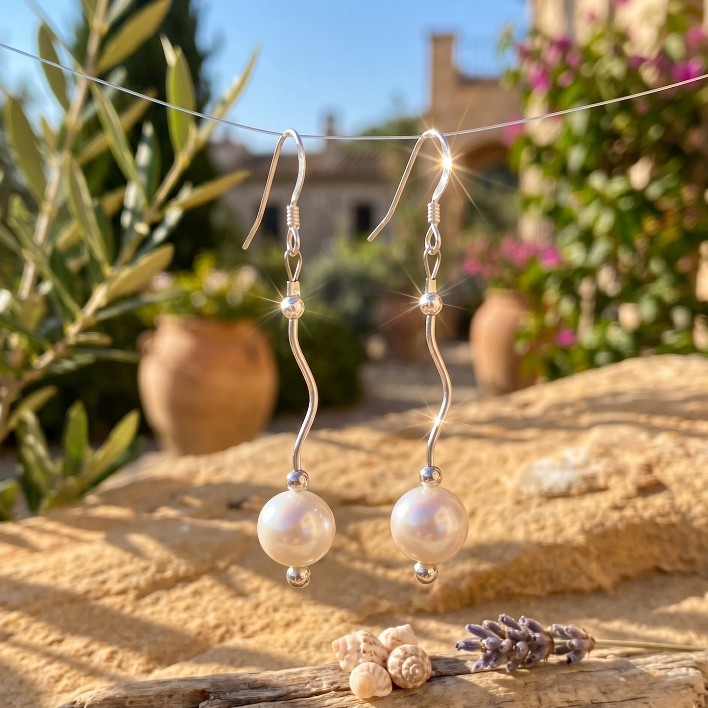 Pearl earrings hanging on a string with a natural outdoor background