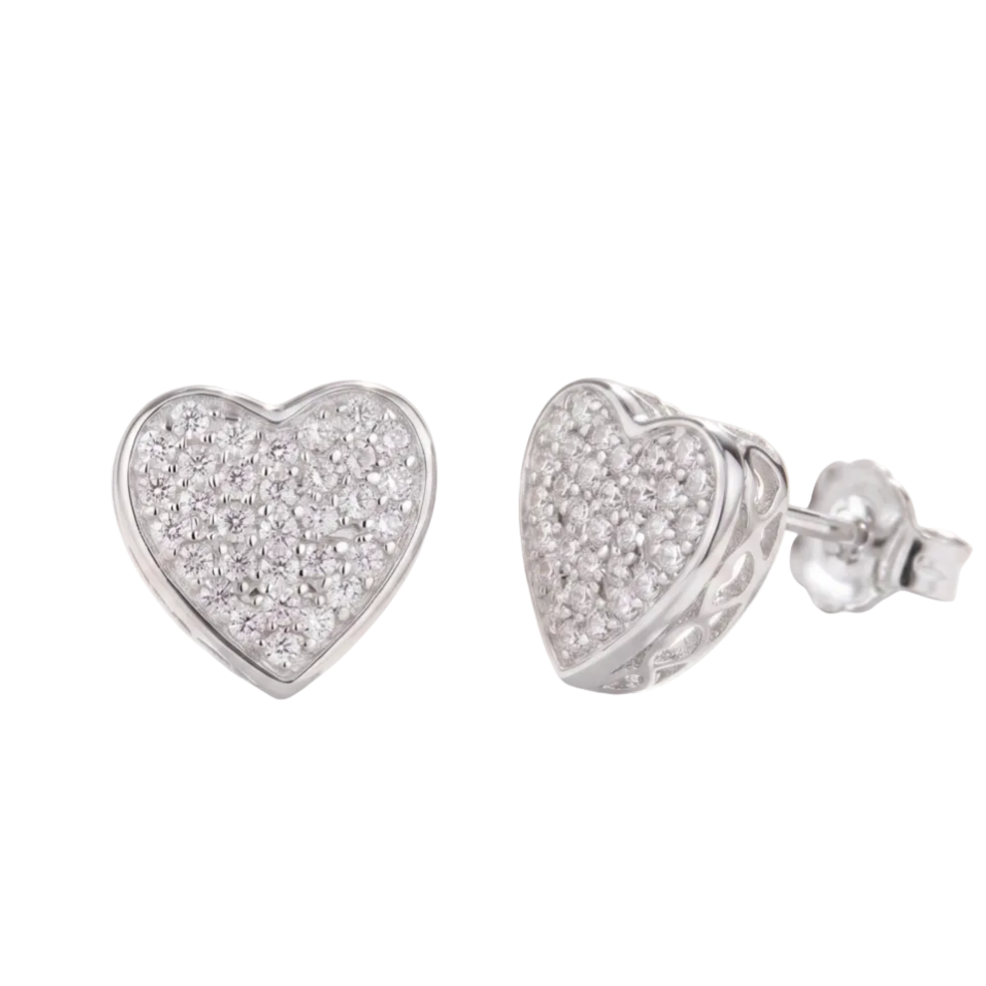 Heart-shaped silver earrings with sparkling stones on a wooden surface.