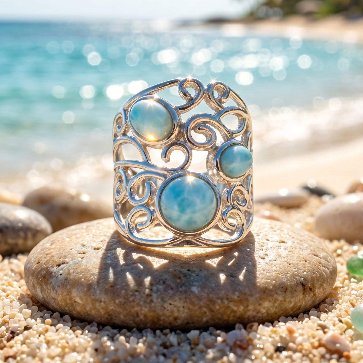 Polished Larimar Ring 925 Sterling Silver Triple Stone Cutout Wave Sizes 6-10