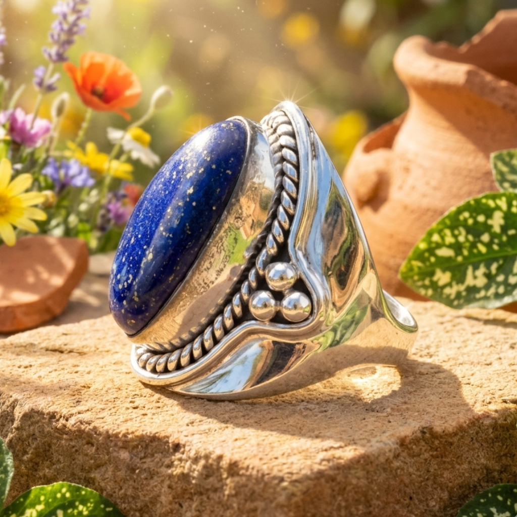 Silver ring with a blue stone on a stone surface with flowers and plants in the background