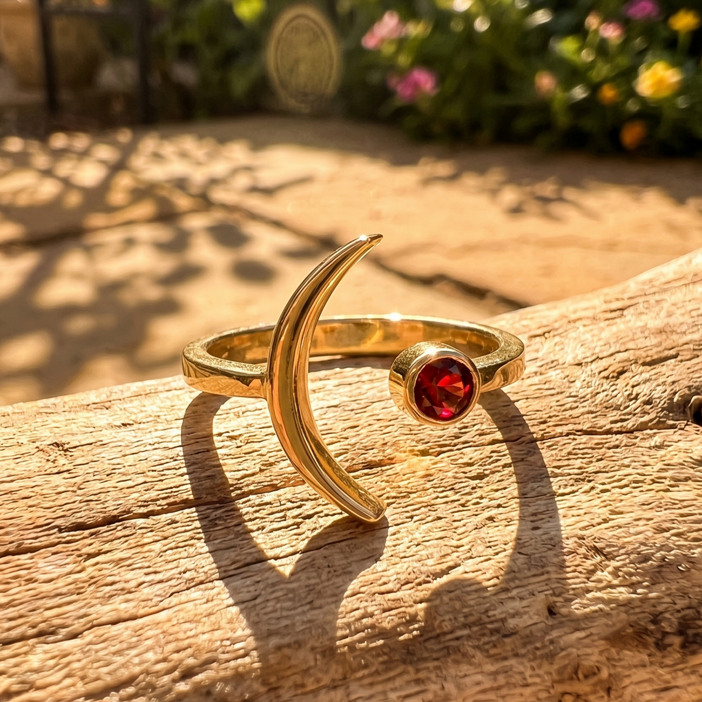 Gold Plated Crescent Moon Garnet Ring 925 Sterling Silver 3mm Garnet Sizes 6-9