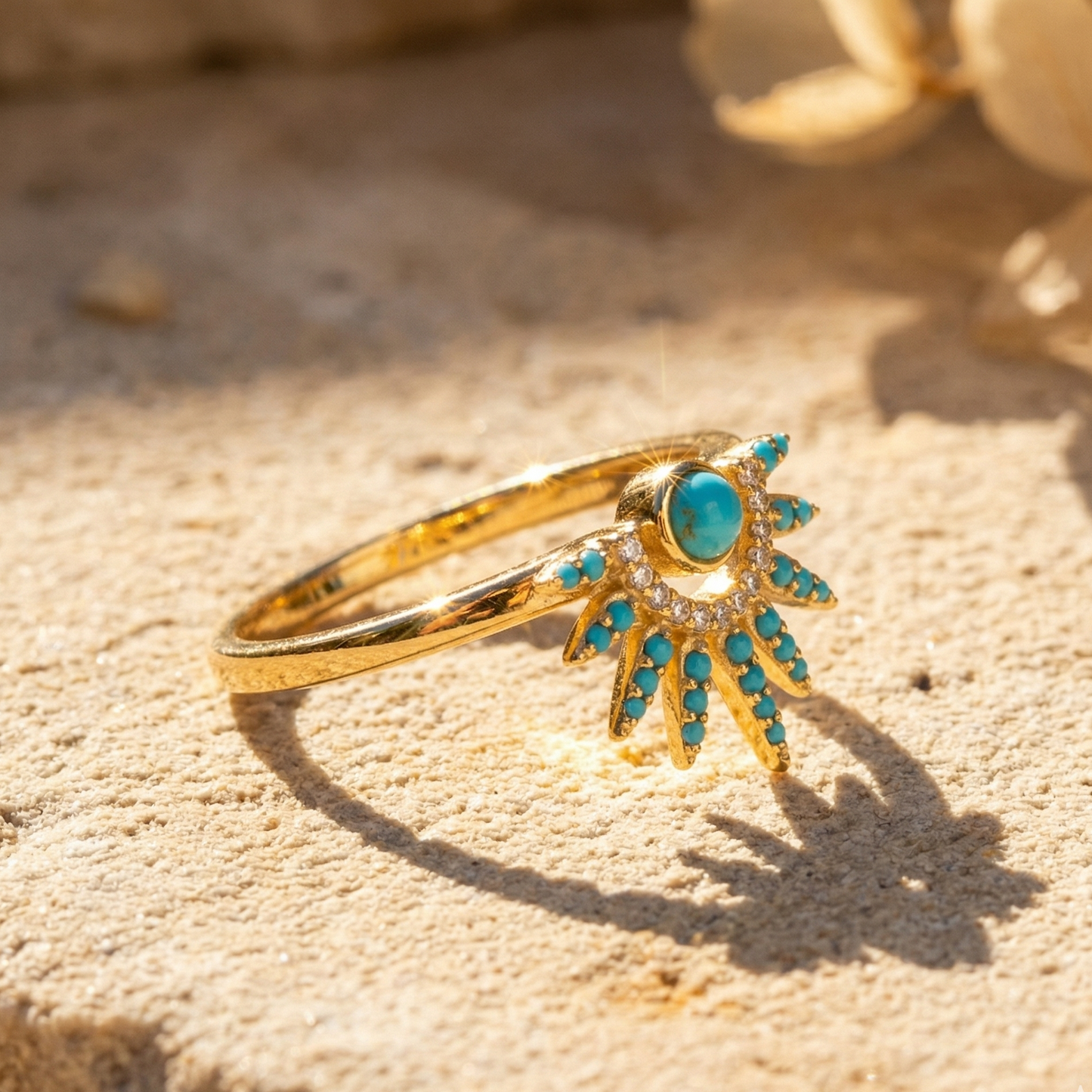 Turquoise CZ Sunray Spike Ring 14K Gold Plated 925 Silver 15.7x12.9mm Sizes 6-9