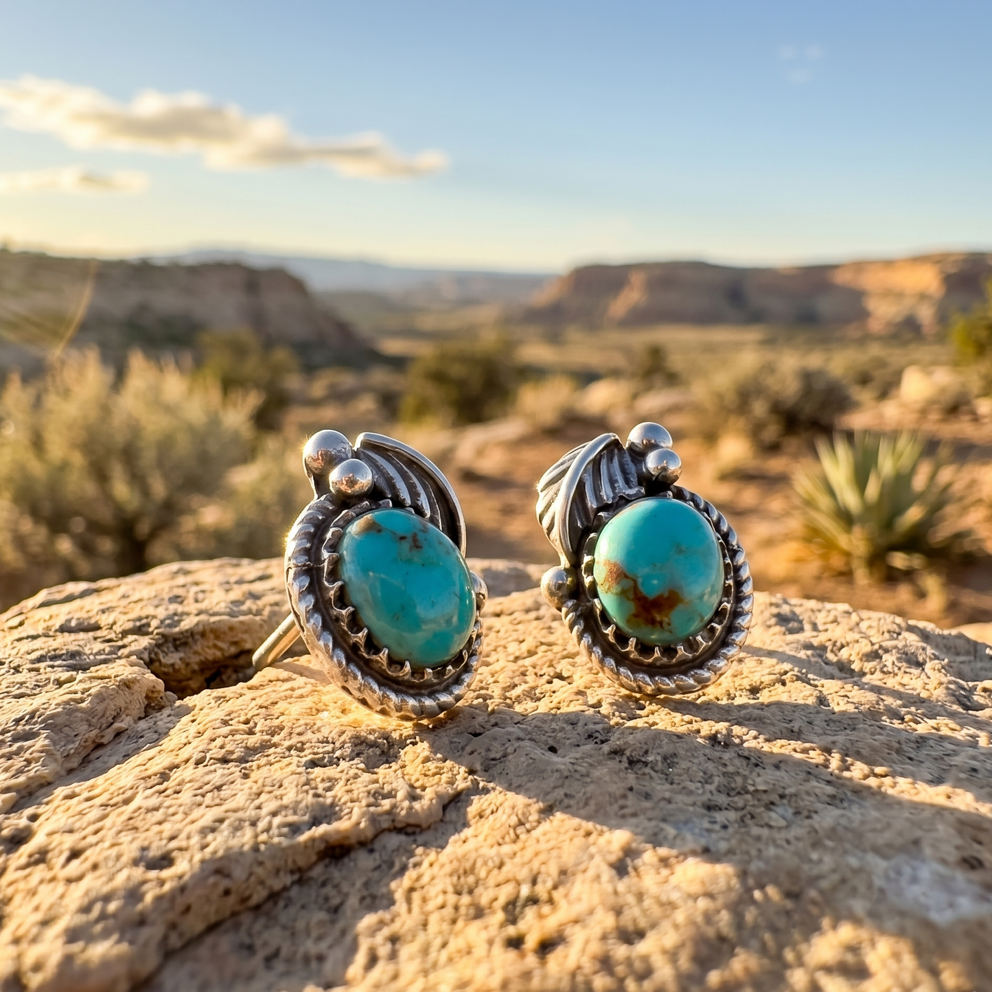 Turquoise earrings on a rock with desert landscape in the background