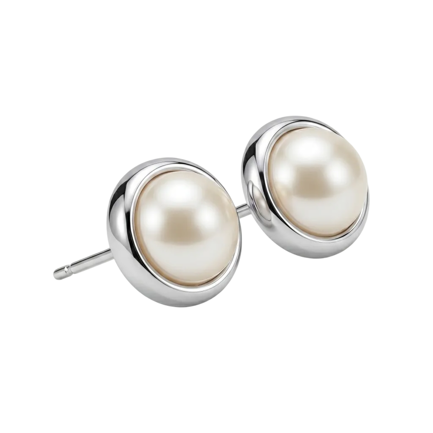 Cultured Freshwater Button Pearl Stud Earrings 925 Sterling Silver 6mm Bezel Set