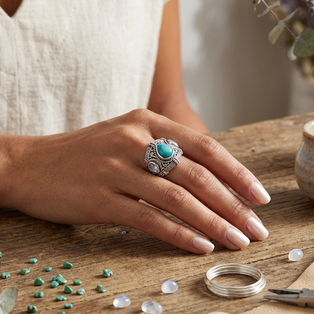 Hand wearing a silver ring with a turquoise stone on a wooden surface with gemstones.