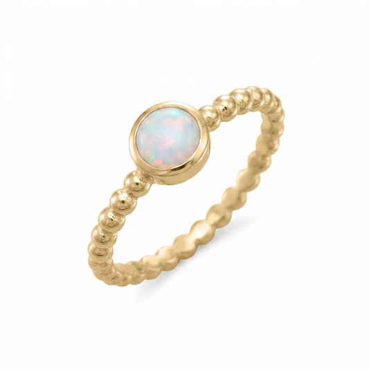White Opal Ring 14K Gold Plated 925 Silver 5mm Round Bead Band Sizes 6-9