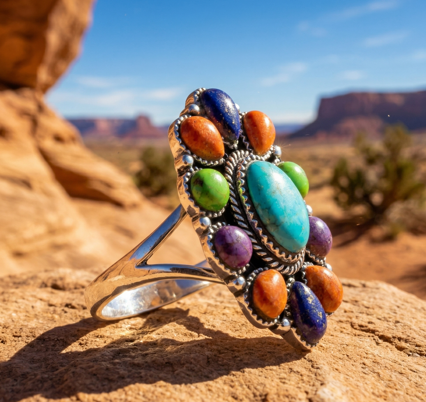 Oxidized Multi Stone Flower Ring 925 Silver Turquoise Coral Lapis Sizes 6-9