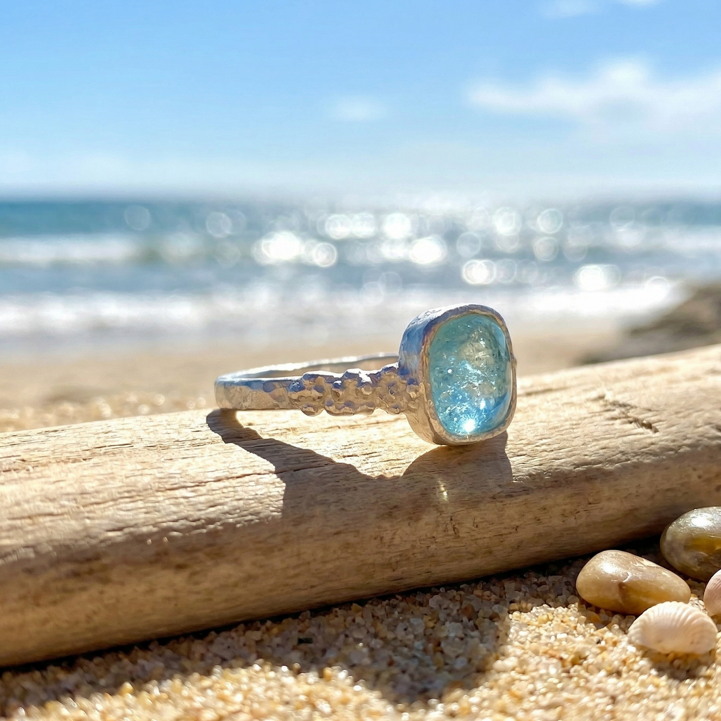 Square Aqua Roman Glass Pebble Band Ring 925 Sterling Silver 9.5mm Sizes 6-9