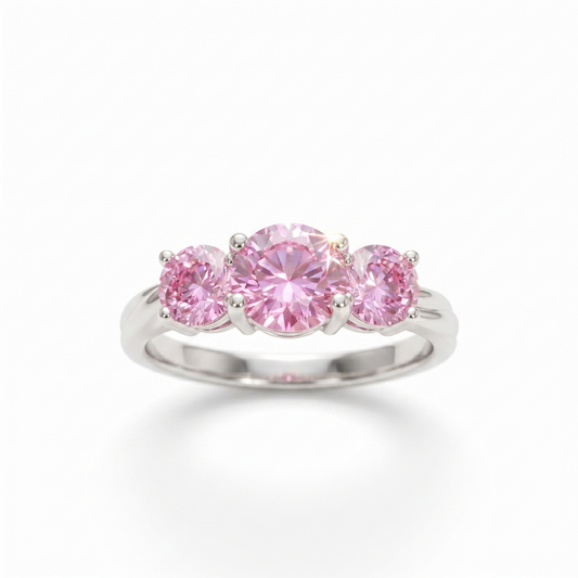 Pink CZ 3-Stone Ring 925 Sterling Silver 6mm Center Trilogy Sizes 4-10