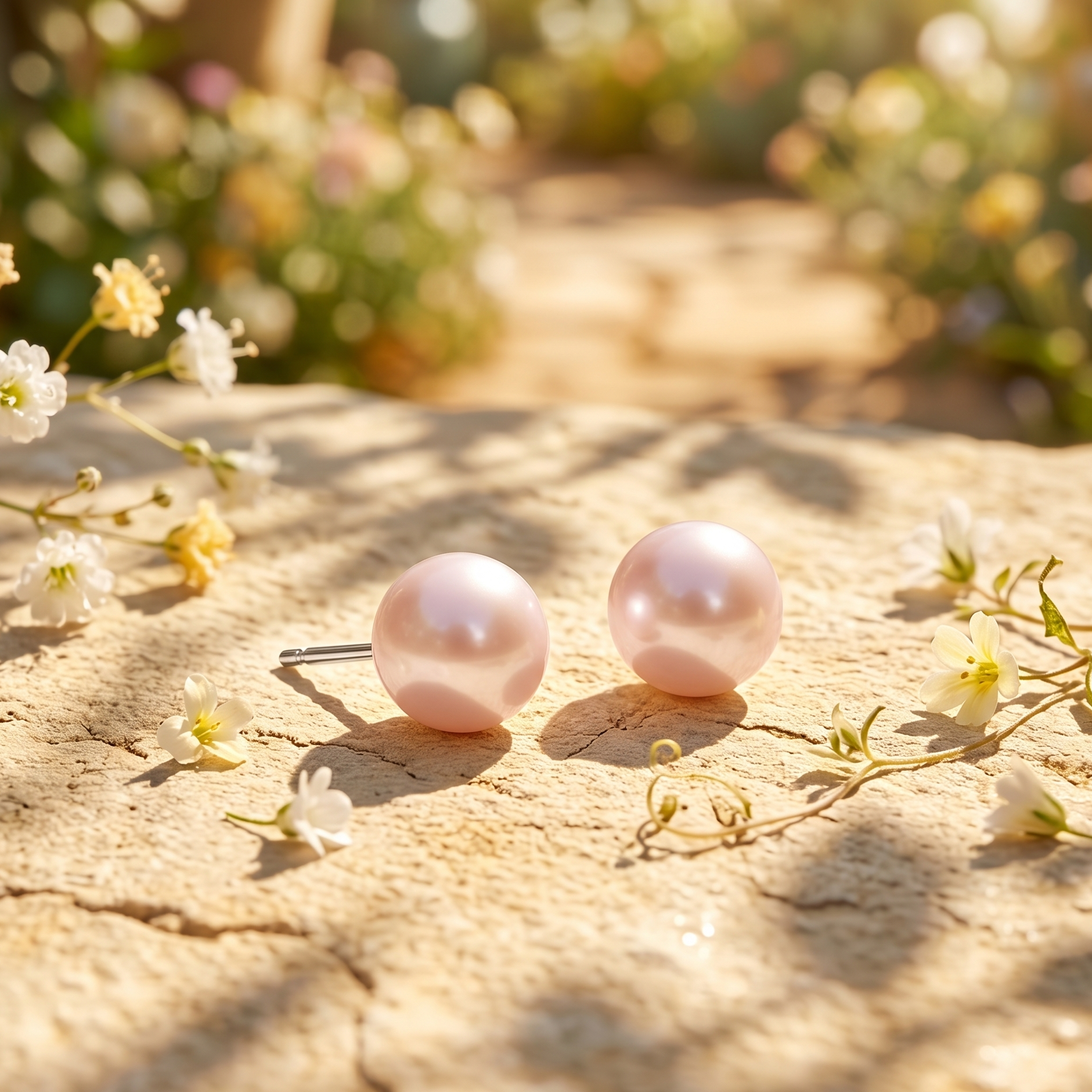Pink pearl earrings on a textured surface with blurred floral background