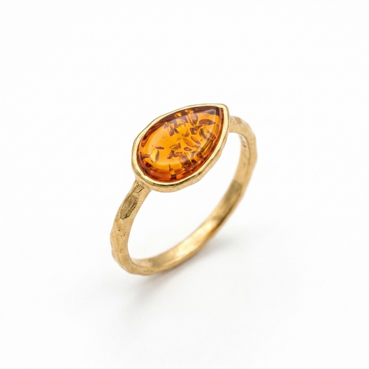 24K Gold Plated Pear Baltic Amber Ring 925 Silver Textured 5.5x10.7mm Sizes 5-9