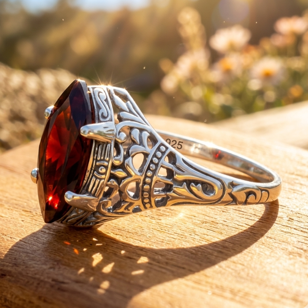 Silver ring with a red gemstone on a wooden surface with a blurred natural background