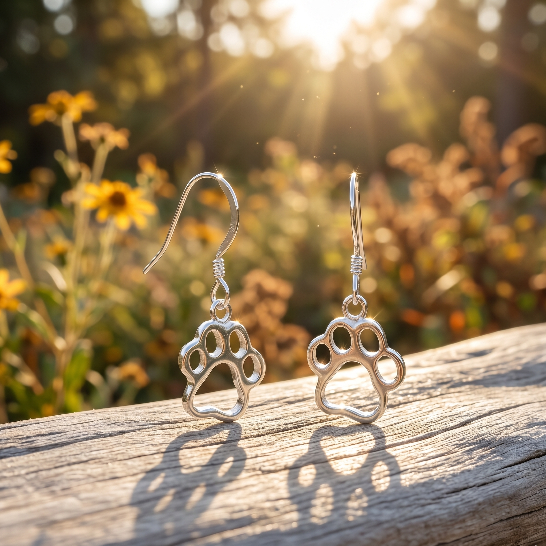Silver paw print earrings on a wooden surface with a natural background