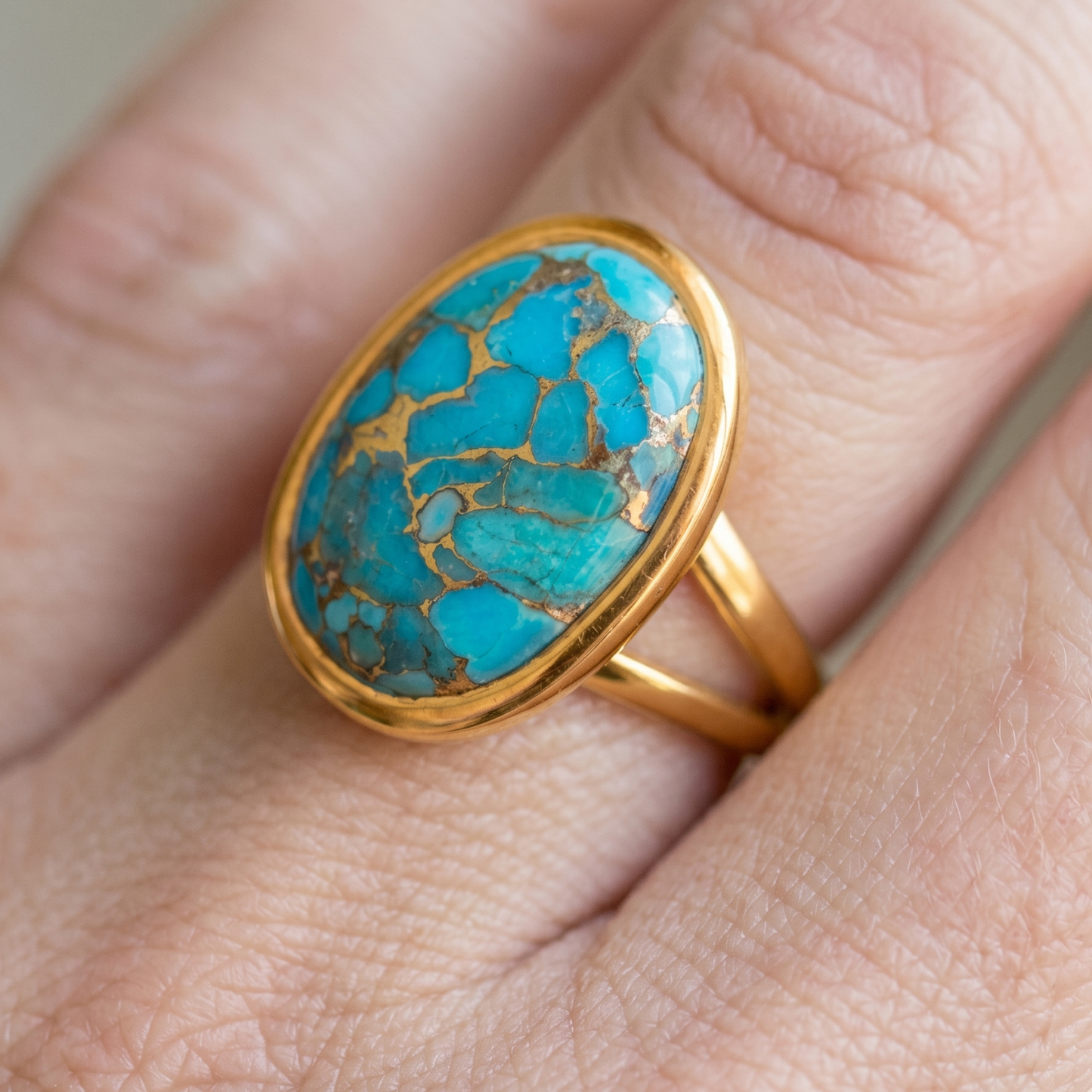 Copper Infused Turquoise Ring 925 14K Gold Plated 13x17.5mm Statement Sizes 6-10
