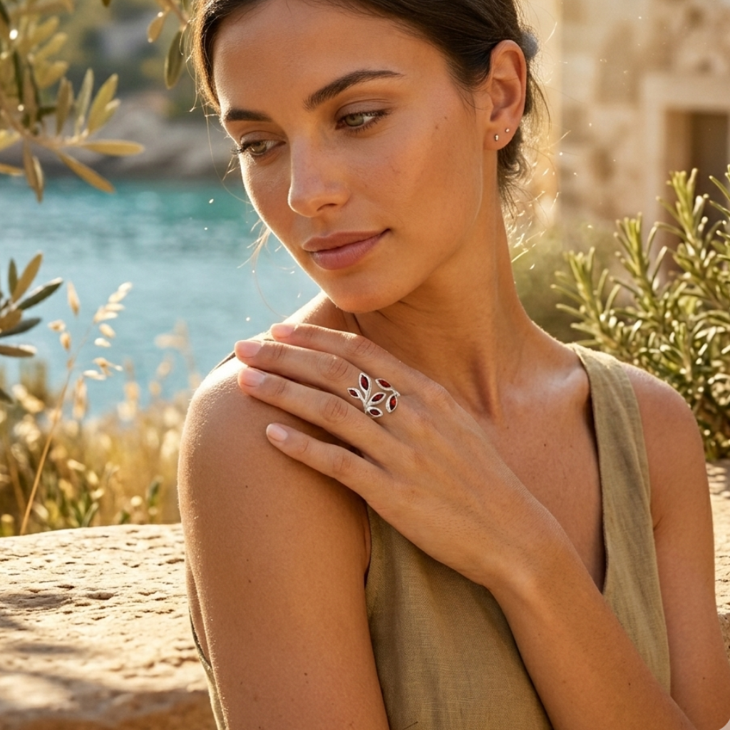Woman wearing a ring with a scenic background of water and greenery