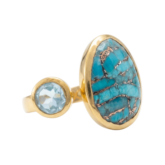 Blue Topaz and Turquoise Ring 925 14K Gold Plated Oval Copper Stone Sizes 5-9