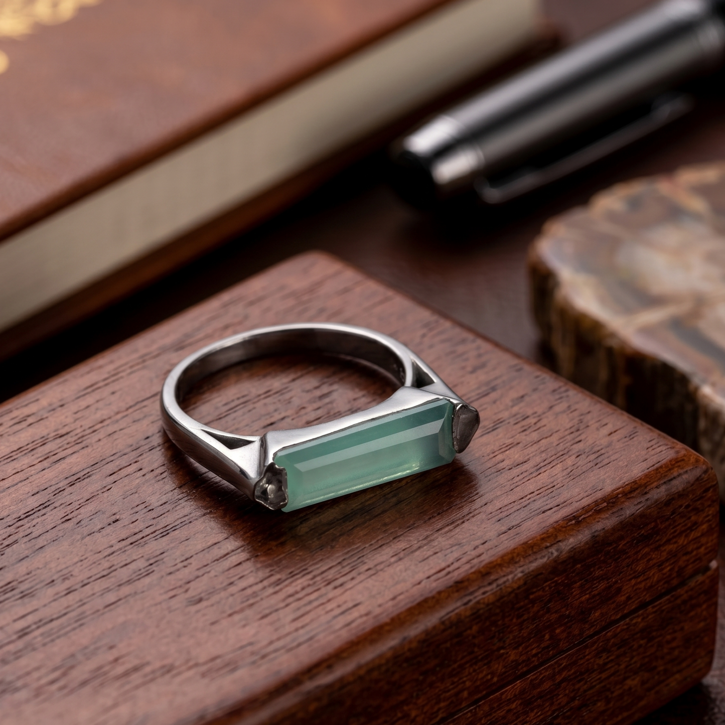 Serene Green Chalcedony Bar Ring 925 Rhodium Silver Delicate 1.5mm Band
