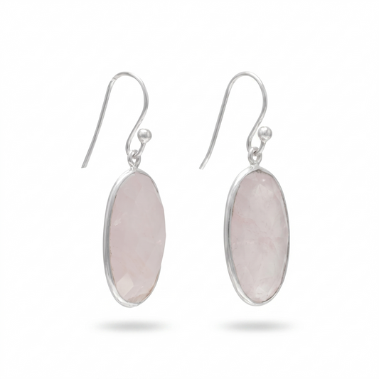 Faceted Rose Quartz Oval Drop Earrings 925 Sterling Silver 20x10mm French Wire