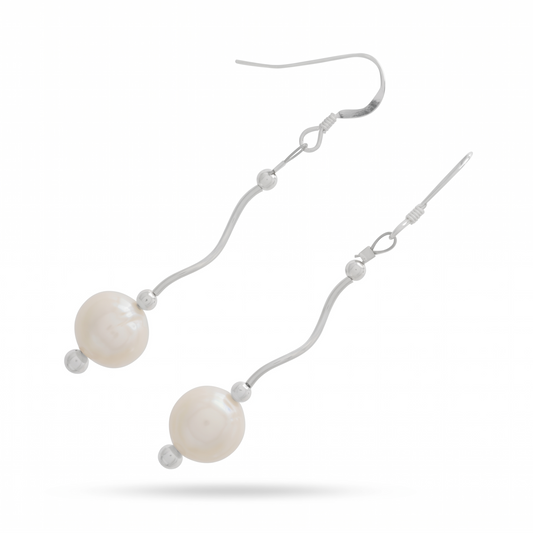 Wave Design Pearl Drop Earrings 925 Sterling Silver 9mm Beaded 47mm French Wire