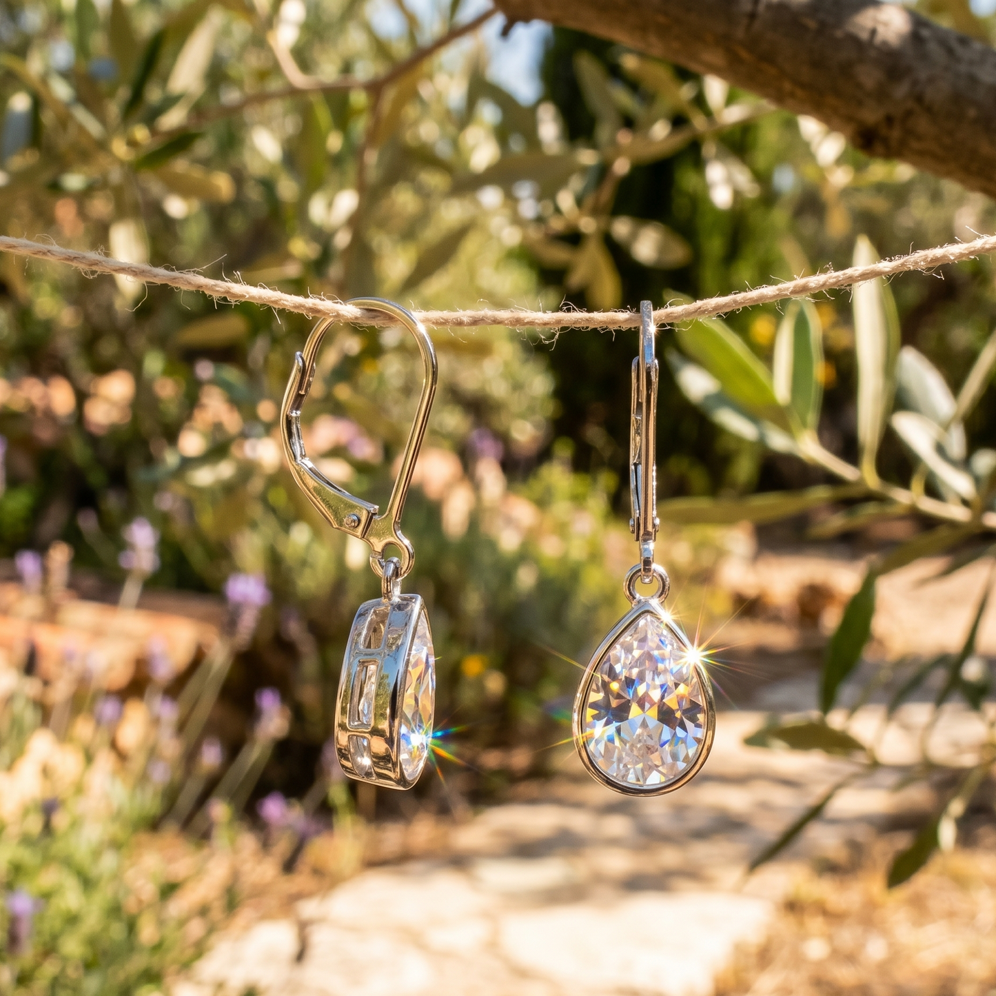 Pair of silver earrings hanging on a string with a natural background