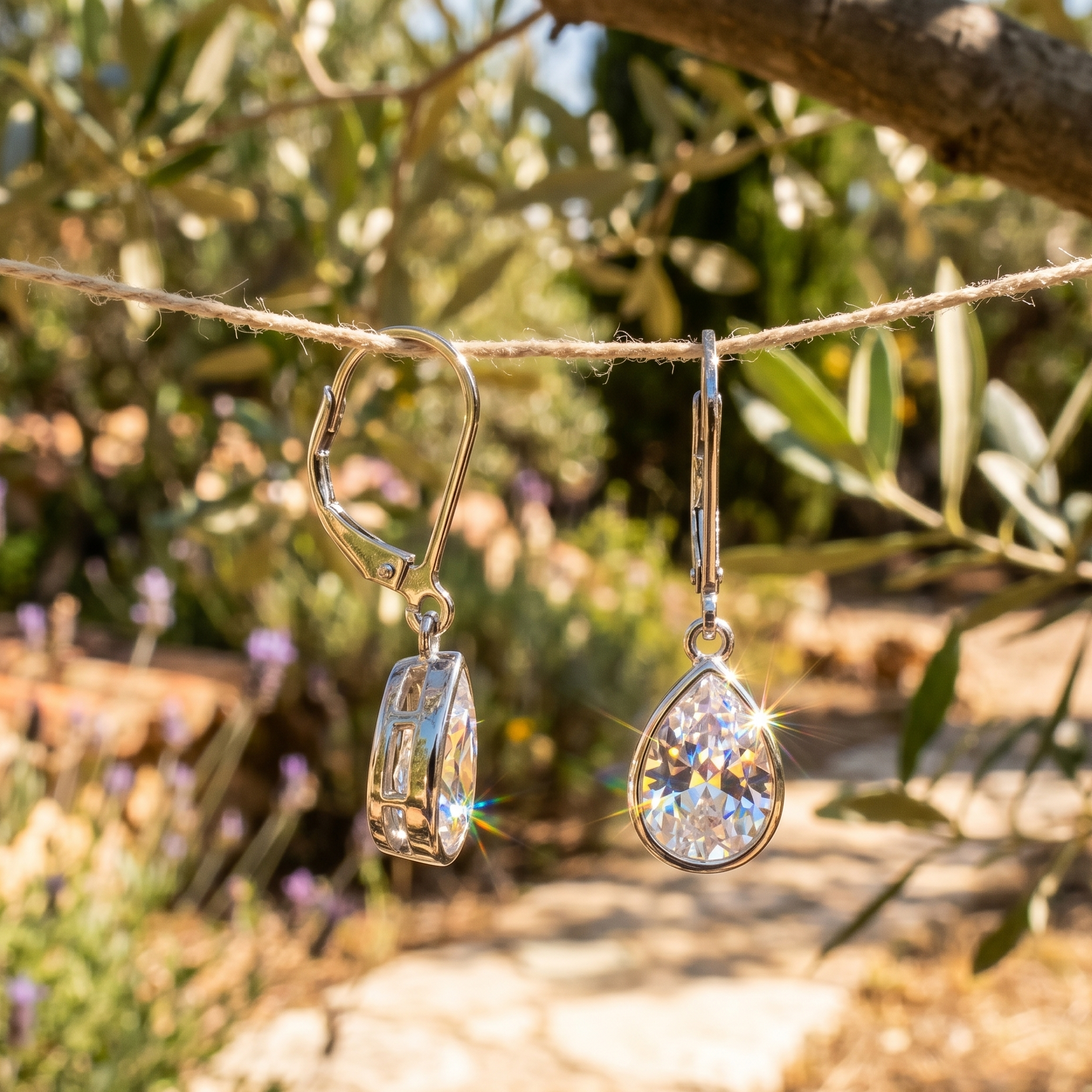 Pair of silver earrings hanging on a string with a natural background