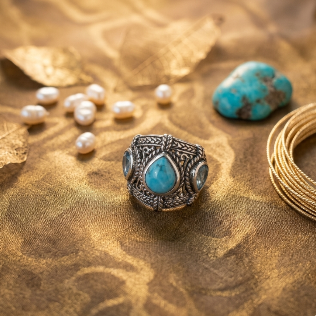 Silver ring with turquoise stones on a textured gold surface with pearls and a blue stone.